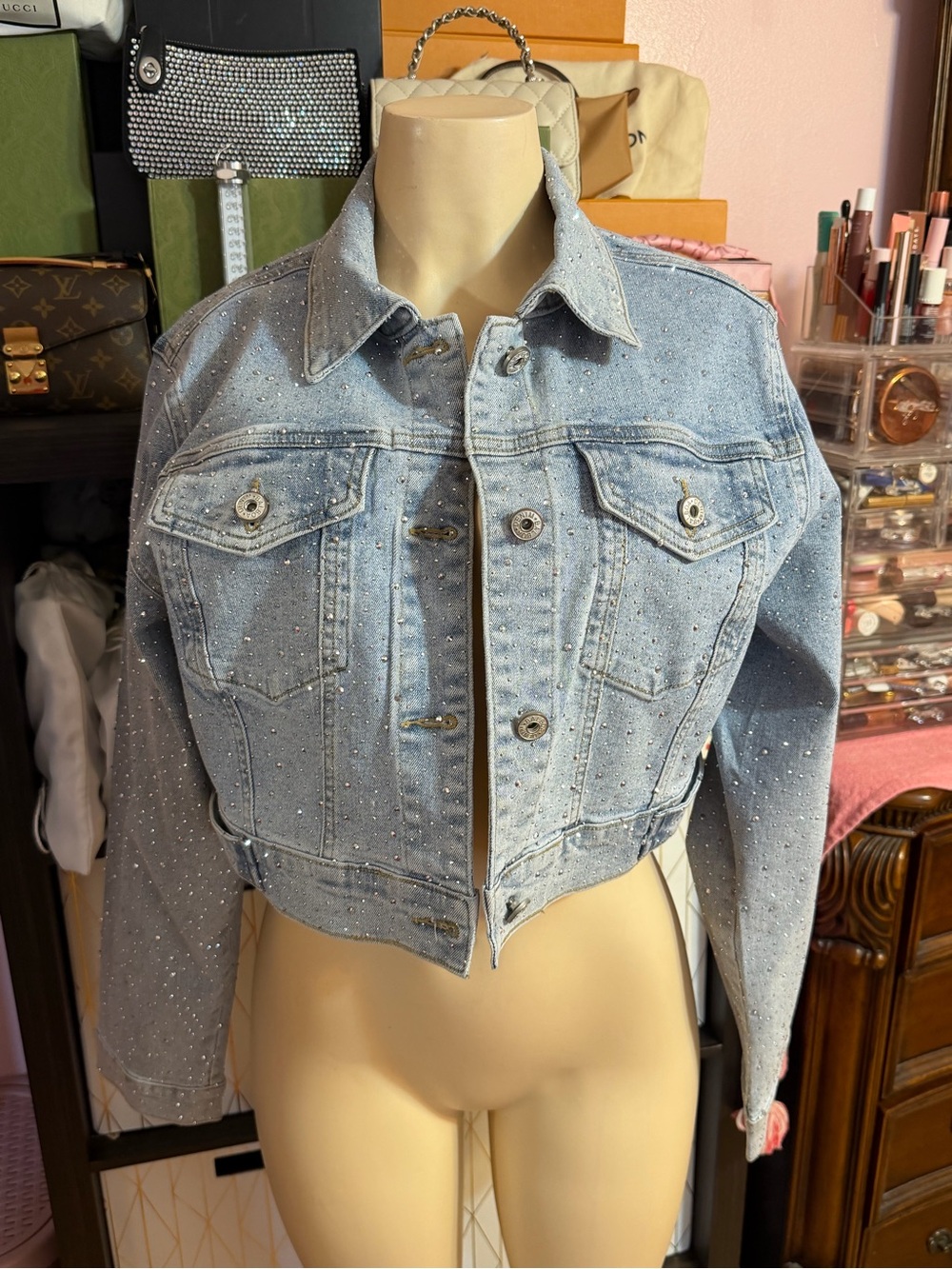 Cropped Light Blue Sparkle Denim Jacket
